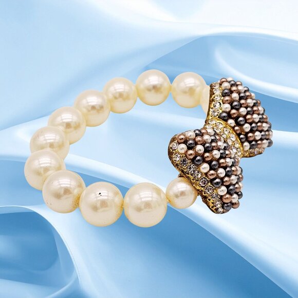 Pearl Stretch Bracelet w/ Large Pave Bow, Gold-Tone Rhinestone Center, Statement - Picture 5 of 10